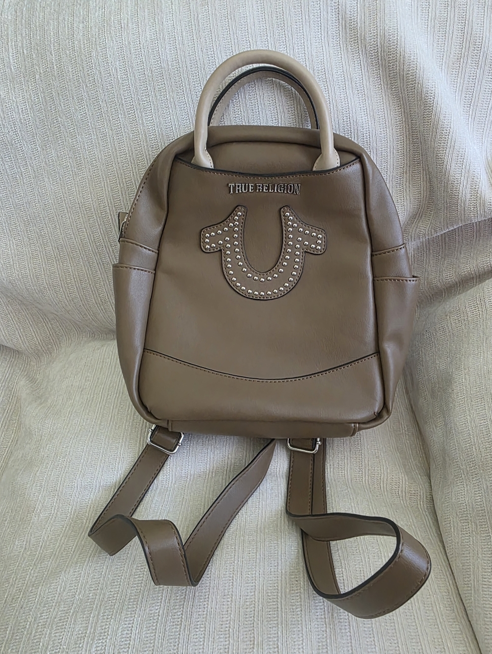 True Religion Taupe Brown Leather Mini Backpack with Stud Logo